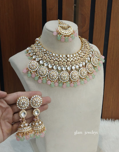 Gold Mint pink Kundan necklace Set/ kundan Indian jewellery Kirti sets