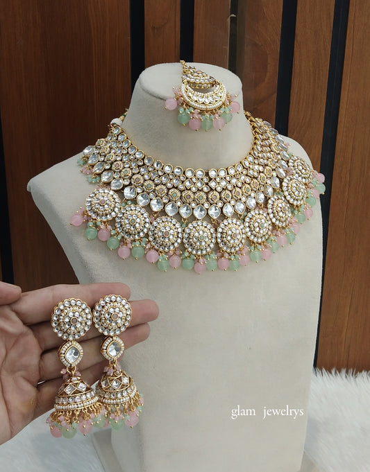 Gold Mint pink Kundan necklace Set/ kundan Indian jewellery Kirti sets