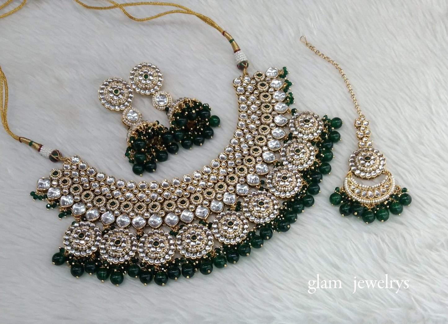 Gold Green Kundan necklace Set/ kundan Indian jewellery Kirti sets
