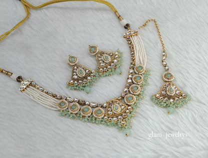 Gold Mint Kundan necklace Set/ kundan Indian jewellery Pinki sets