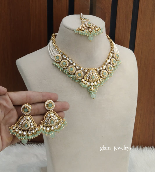 Gold Mint Kundan necklace Set/ kundan Indian jewellery Pinki sets