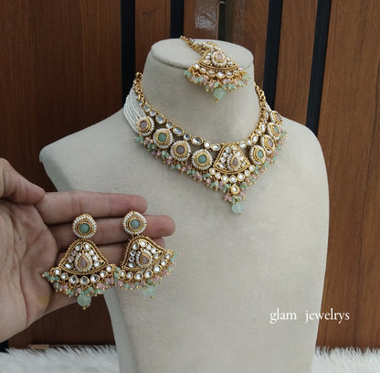 Gold Mint Pink Kundan necklace Set/ kundan Indian jewellery Pinki sets