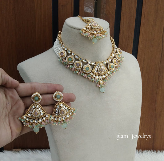 Gold Mint Pink Kundan necklace Set/ kundan Indian jewellery Pinki sets
