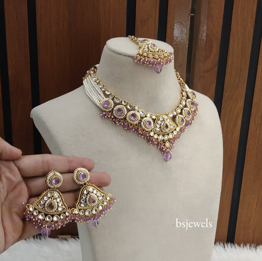 Gold Purple Kundan necklace Set/ kundan Indian jewellery Pinki sets