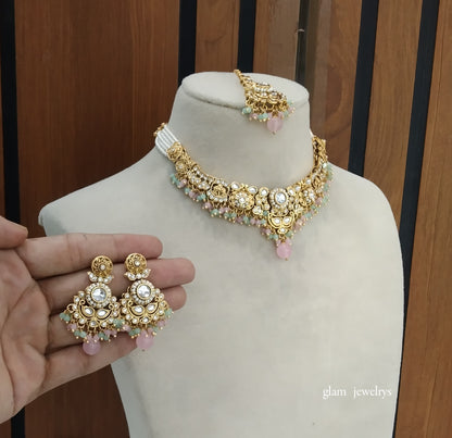 Gold Mint pink  Kundan Choker Indian jewellery Gopi sets