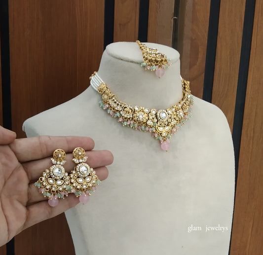 Gold Mint pink  Kundan Choker Indian jewellery Gopi sets