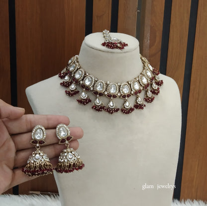 Antique Maroon Kundan Necklace Indian Jewelry Geet Set