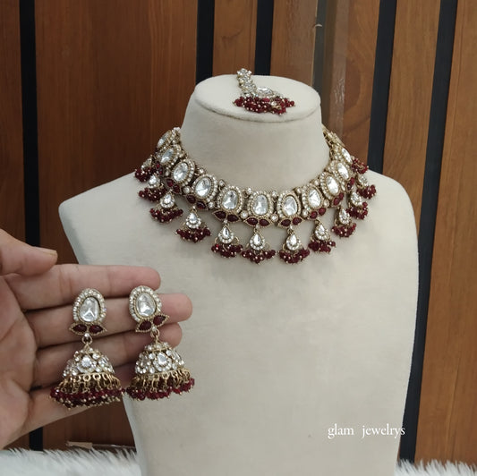 Antique Maroon Kundan Necklace Indian Jewelry Geet Set