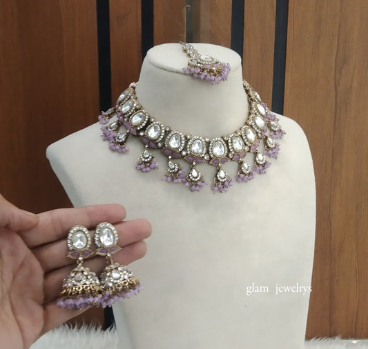 Antique Purple Kundan Necklace Indian Jewelry Geet Set