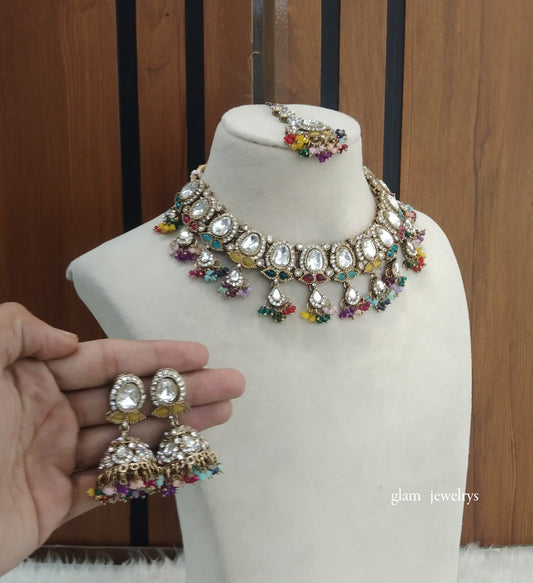 Antique Multi Color Kundan Necklace Indian Jewelry Geet Set