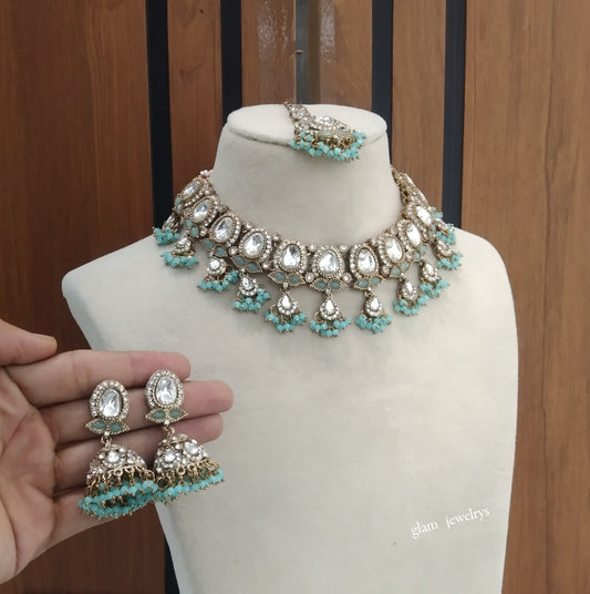 Antique Sky Blue Kundan Necklace Indian Jewelry Geet Set