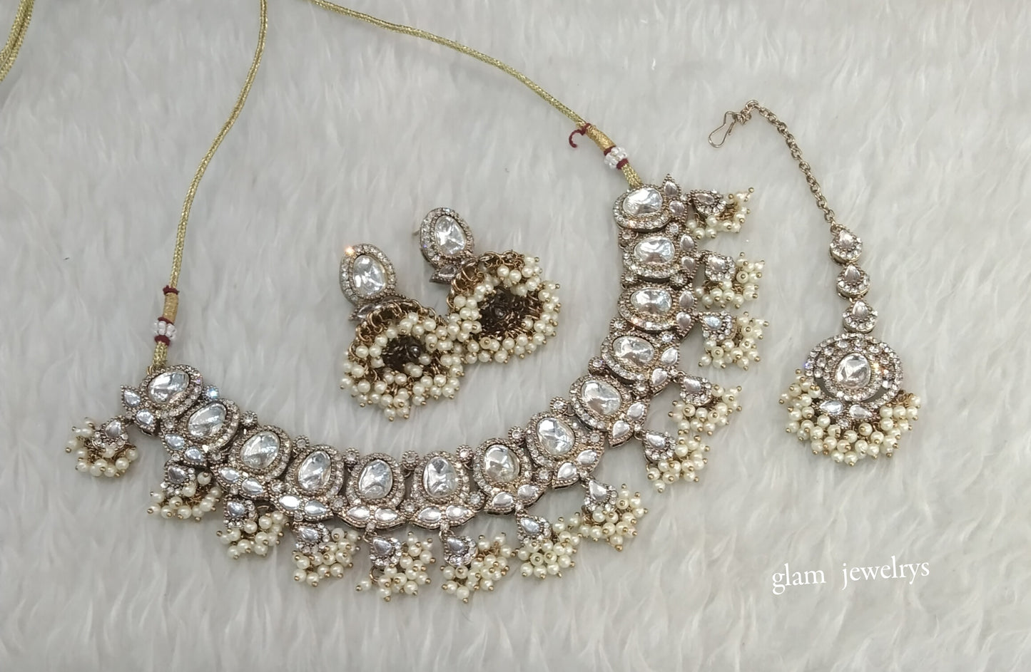 Antique White Kundan Necklace Indian Jewelry Geet Set