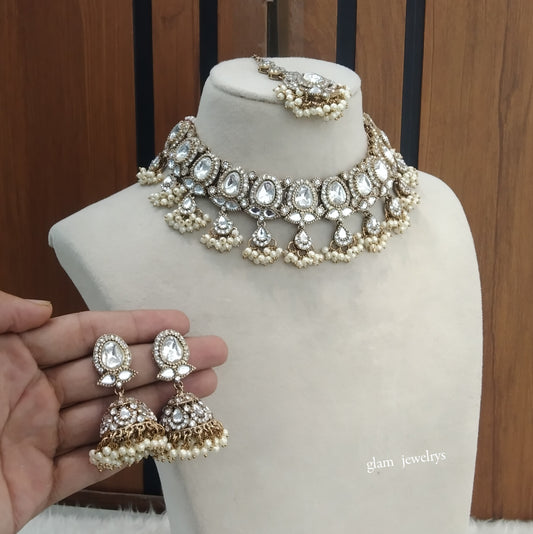 Antique White Kundan Necklace Indian Jewelry Geet Set