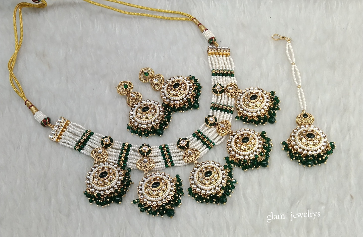 Gold Green Kundan necklace Set/ kundan Indian jewellery Sunita sets