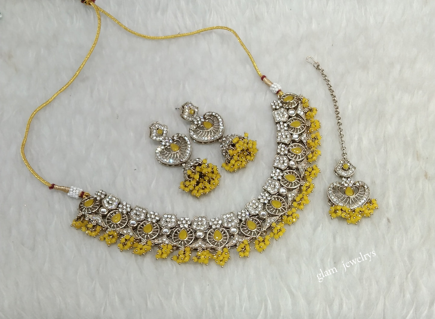 Antique Yellow Necklace Indian Jewelry Anvi Set