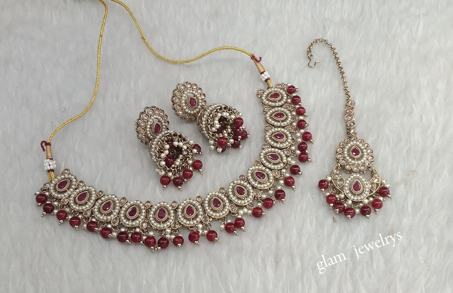 Antique Maroon Necklace Indian Jewelry Gira Set