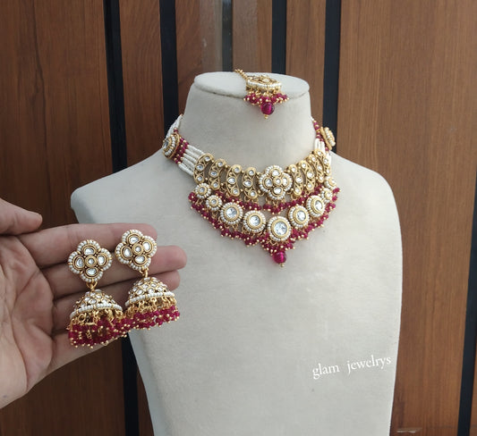 Gold Magenta Kundan necklace Set/ kundan Indian jewellery Diya sets
