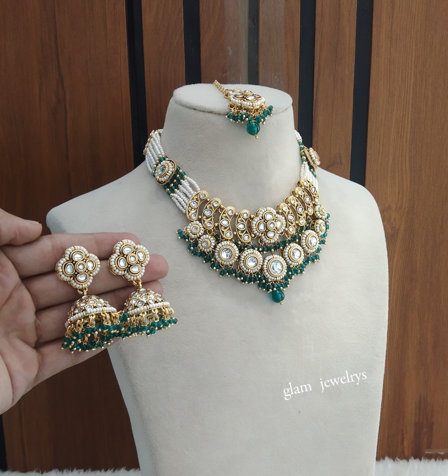 Gold Rama Green Kundan necklace Set/ kundan Indian jewellery Diya sets