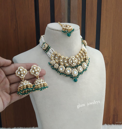 Gold Rama Green Kundan necklace Set/ kundan Indian jewellery Diya sets