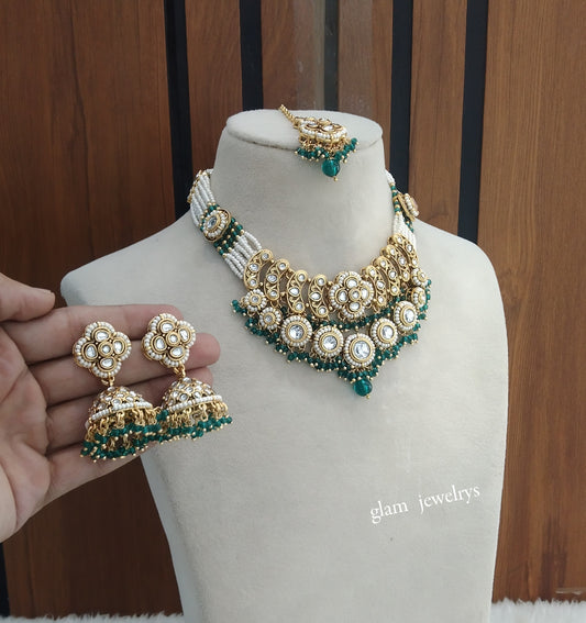 Gold Rama Green Kundan necklace Set/ kundan Indian jewellery Diya sets