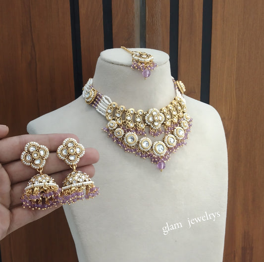 Gold Purple Kundan necklace Set/ kundan Indian jewellery Diya sets