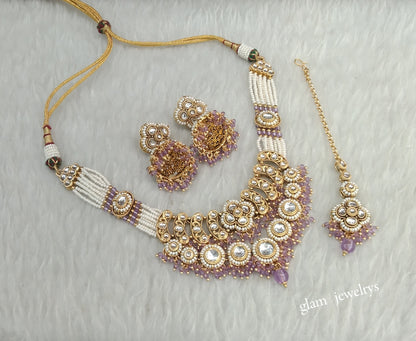 Gold Purple Kundan necklace Set/ kundan Indian jewellery Diya sets