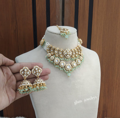 Gold Mint Kundan necklace Set/ kundan Indian jewellery Diya sets