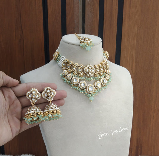 Gold Mint Kundan necklace Set/ kundan Indian jewellery Diya sets