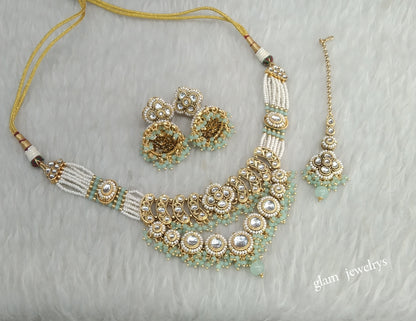 Gold Mint Kundan necklace Set/ kundan Indian jewellery Diya sets