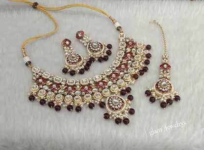 Gold Maroon Kundan necklace Set/ kundan Indian jewellery Aira sets