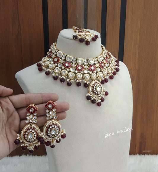 Gold Maroon Kundan necklace Set/ kundan Indian jewellery Aira sets