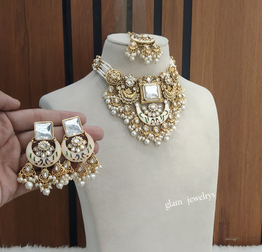 Gold White Kundan necklace Set/ kundan Indian jewellery Hiya sets