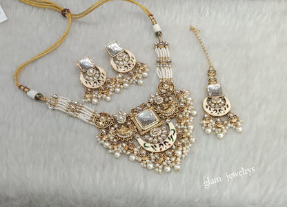 Gold White Kundan necklace Set/ kundan Indian jewellery Hiya sets