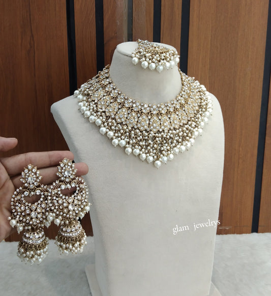 Antique Gold White Bridal Necklace Indain Jewellery Shallu Set