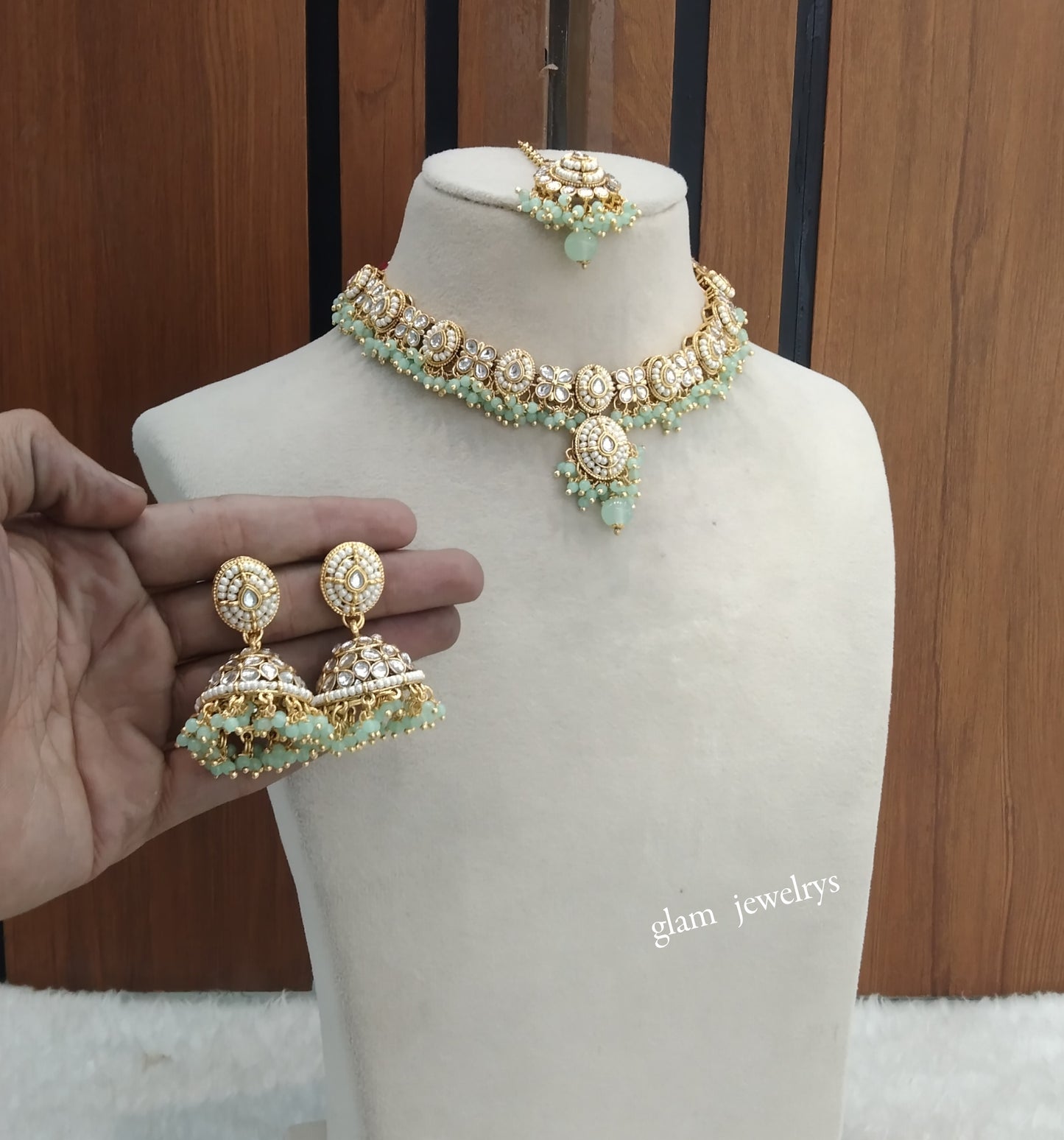 Gold Mint Kundan Necklace Indian Jewelry Rania Set