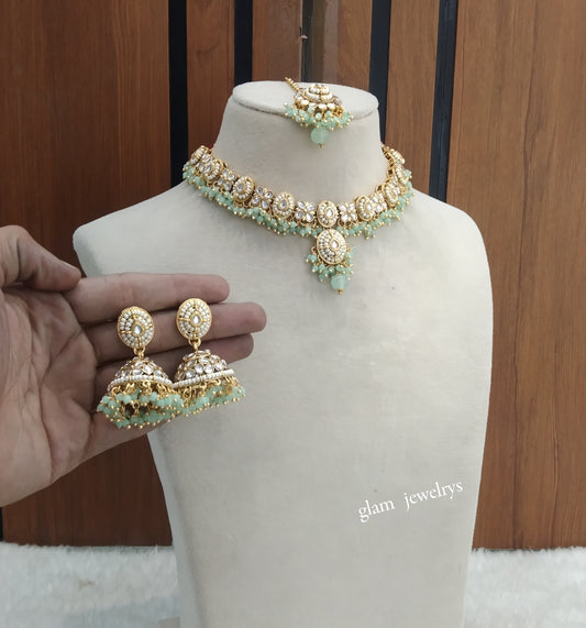 Gold Mint Kundan Necklace Indian Jewelry Rania Set