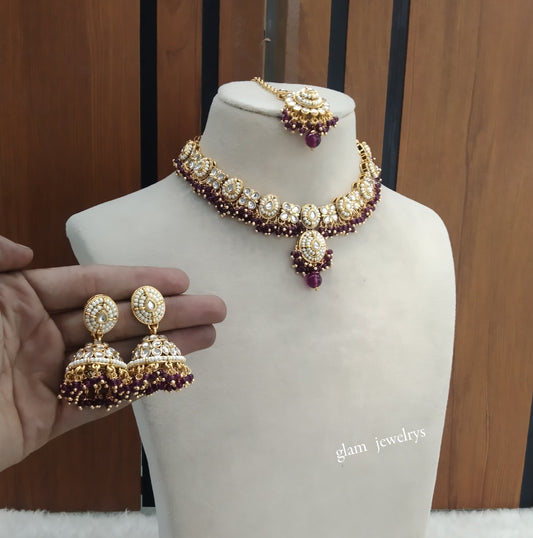 Gold Purple Kundan Necklace Indian Jewelry Rania Set