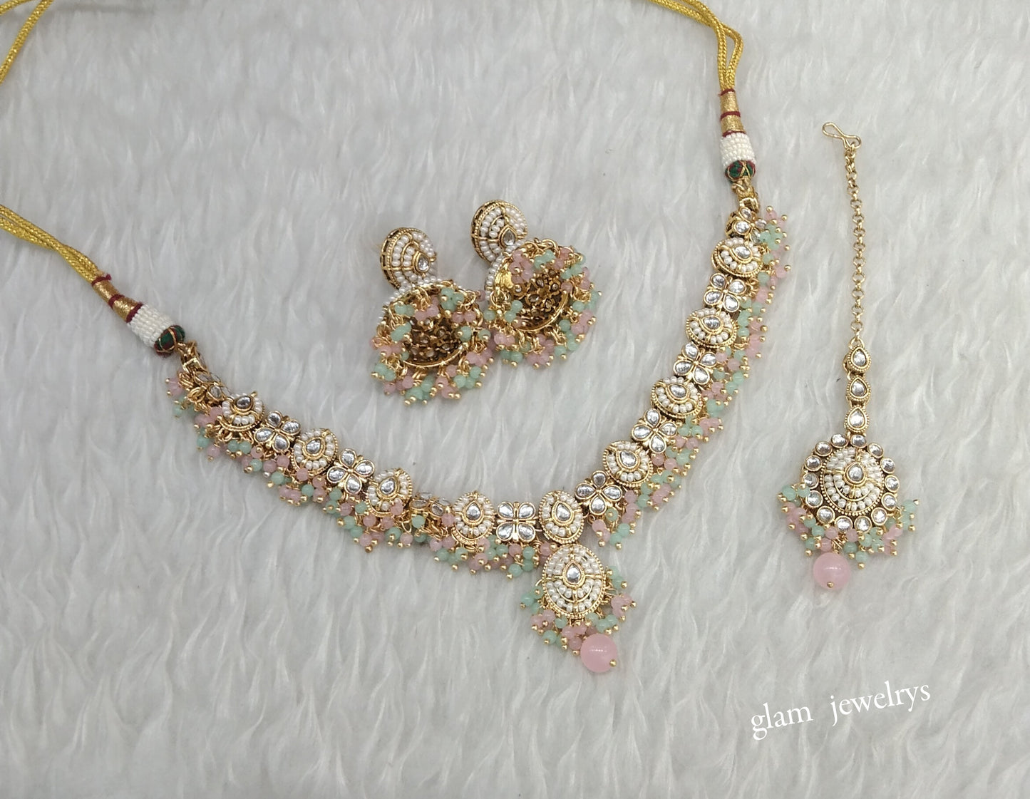 Gold Mint Pink Kundan Necklace Indian Jewelry Rania Set