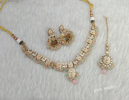 Gold Mint Pink Kundan Necklace Indian Jewelry Rania Set