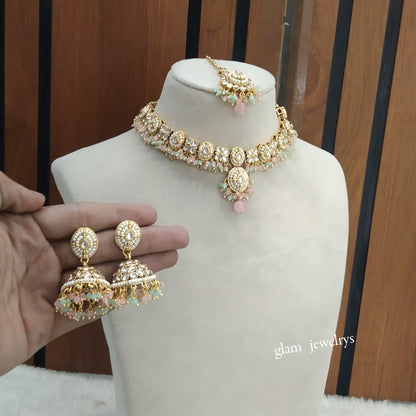 Gold Mint Pink Kundan Necklace Indian Jewelry Rania Set