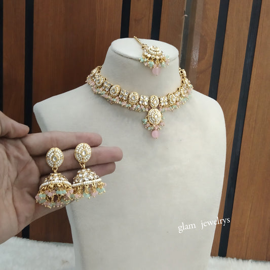 Gold Mint Pink Kundan Necklace Indian Jewelry Rania Set