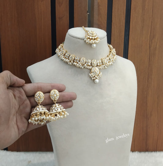 Gold White Kundan Necklace Indian Jewelry Rania Set