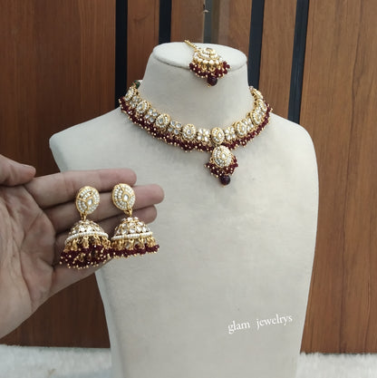 Gold Maroon kundan Necklace Indian Jewelry Rania Set