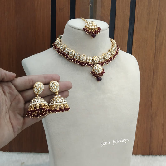 Gold Maroon kundan Necklace Indian Jewelry Rania Set