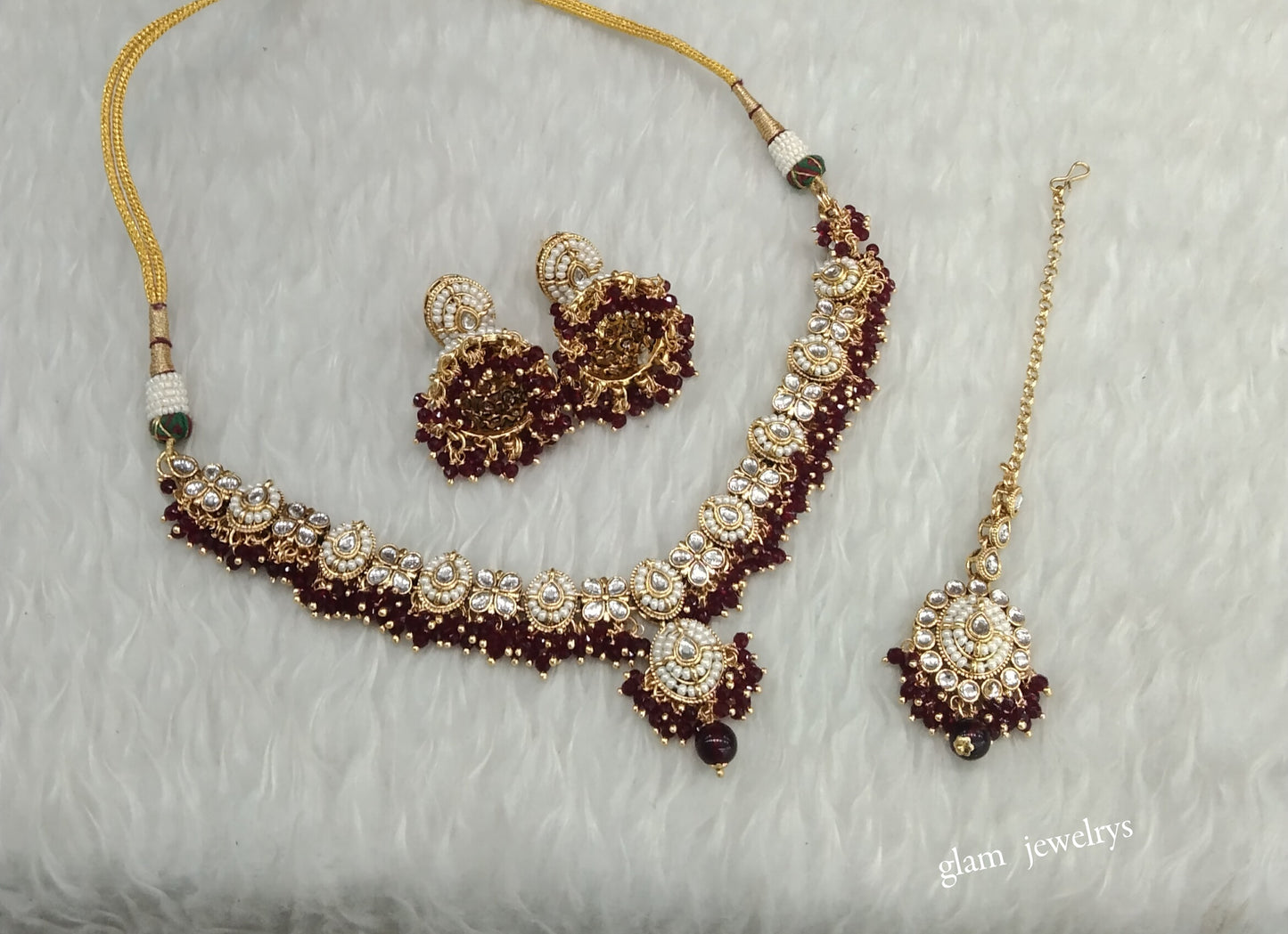 Gold Maroon kundan Necklace Indian Jewelry Rania Set