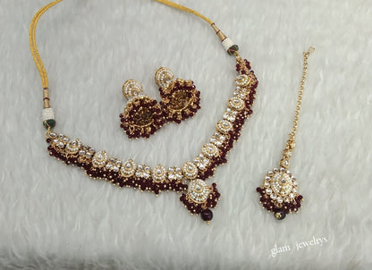 Gold Maroon kundan Necklace Indian Jewelry Rania Set