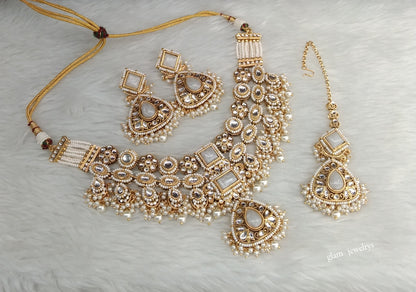 Gold white Kundan necklace Set/ kundan Indian jewellery Lily sets
