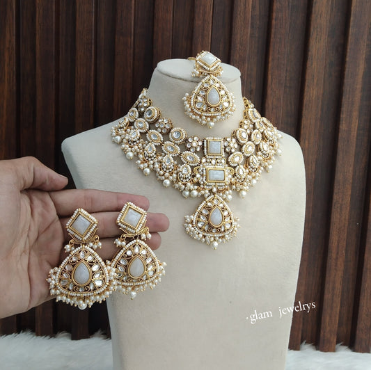 Gold white Kundan necklace Set/ kundan Indian jewellery Lily sets