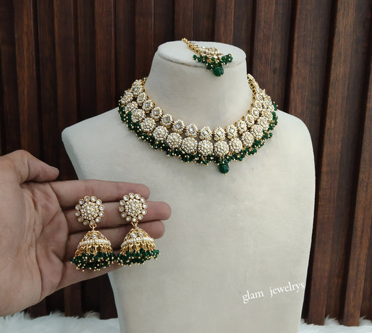 Gold Green Kundan necklace Set/ kundan Indian jewellery Mila sets