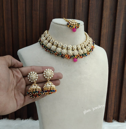 Gold Multi Colour Kundan necklace Set/ kundan Indian jewellery Mila sets